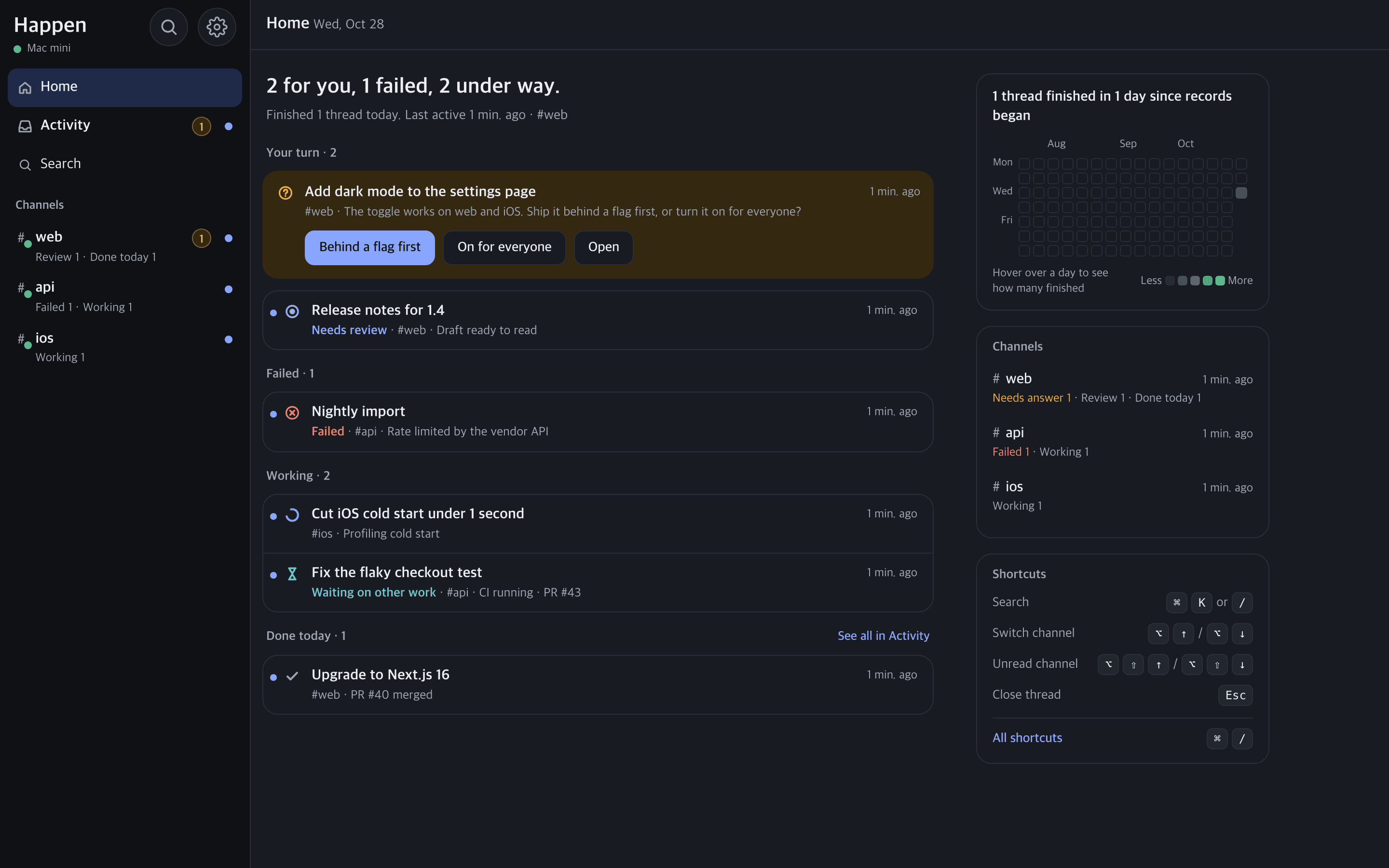 Happen home on a Mac: a question card with two options, a thread that needs review, a failed thread, and threads in progress