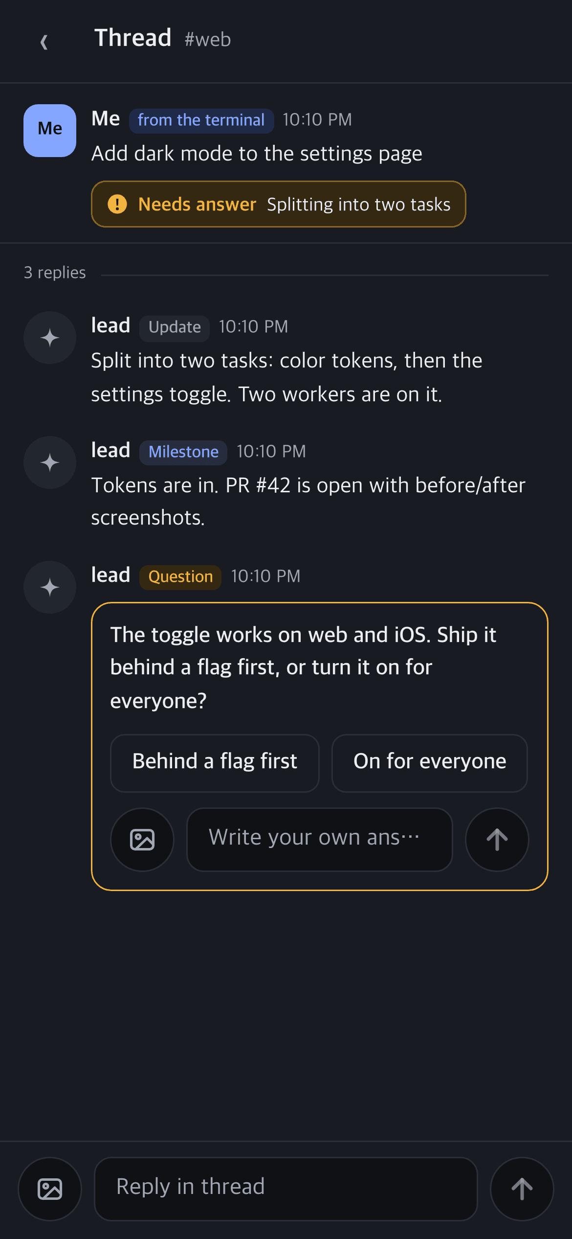 A Happen thread on a phone: the Chief of Staff's updates and a question with two options
